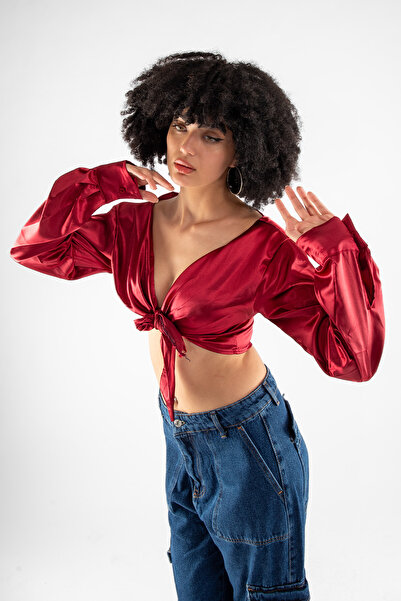 Bak Moda Bağlamalı Basic Bordo Saten Bluz