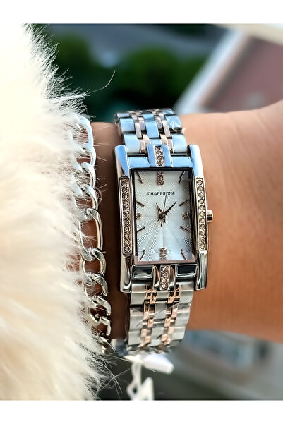 Chaperone Rose Renk Çelik Kordon, Şık Taşlı Model Dikdörtgen Kasa Kol Saati+B...