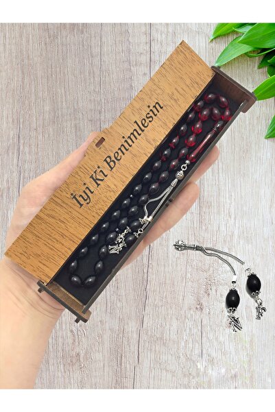 KANUNİ TESBİH Mărgele de rugăciune din chihlimbar de foc roșu negru moară cu design argintiu cu detaliu de litere