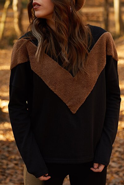 XHAN Dámská černá mikina z umělé kožešiny 9kxk8-41669-02