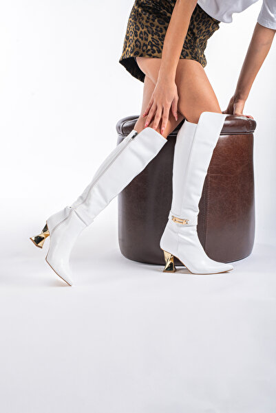 AYAKKABI PRENSİ Γυναικείες μπότες Thalia White Matte 8 εκ., Μπότες με τακούνι