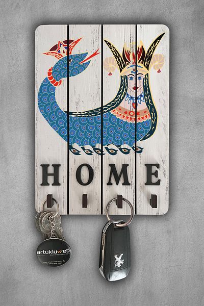 beedene Şahmeran Home White Decorative Wooden Key Hanger - Keychain Şahmaran Table Key Holder