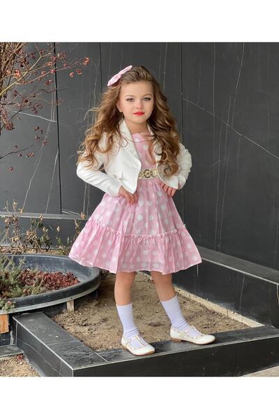 Poyraz Fashion Kids Kız Çocuk Puantiyeli Elbise Dabıl Ceket Zincirli Kemer Ve Toka 4-5 Yaş