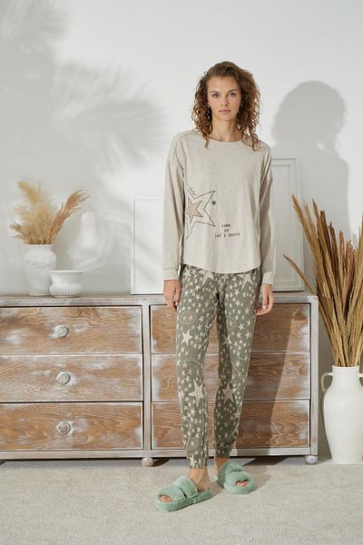 Sevim Set pijamale cu mâneci lungi, jacquard, bej, melange, C1T5N0O93