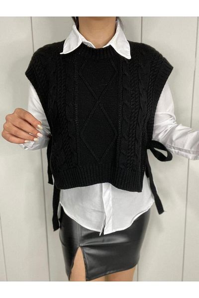 HARGEN STORE Women's Black Side Tie Knitwear Sweater