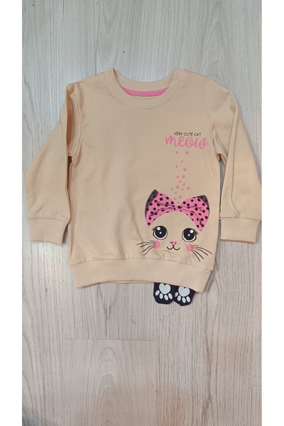 Kız çocuk bej rengi kedili sweatshirt