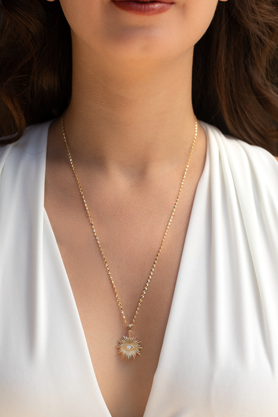 Cenova Jewelry 14 Ayar Altın Singapur Zincirli Vintage Güneş Kadın Kolye