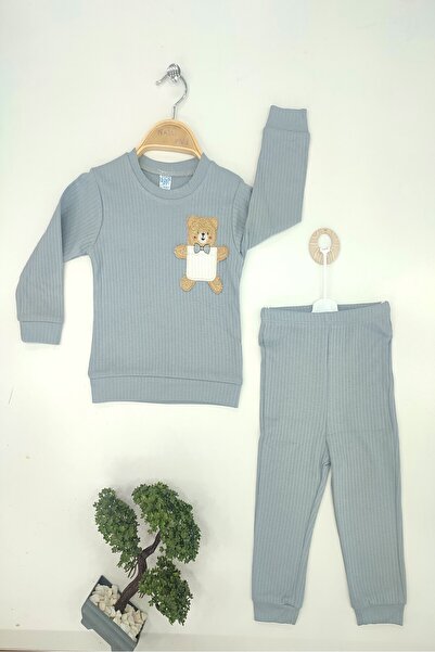 dubi baby Gray Color Reported Teddy Bear Bow Tie 2-Piece Baby Set