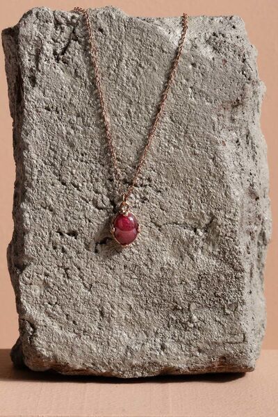 Takıdepo Doğal Yakut Taşlı Minimal Gümüş Kadın Kolye-Rose Rengi