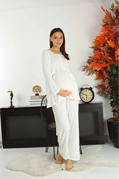 AYLAMLİNGERİE Special Design Lace Combed Cotton 2-Piece Women's Maternity Pajamas Set