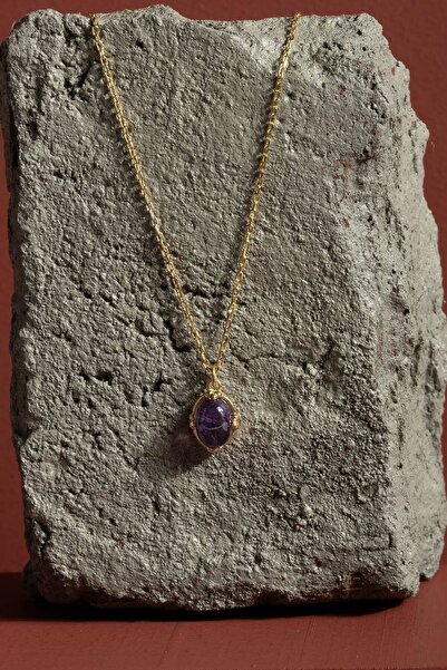 Takıdepo Doğal Ametist Taşlı Minimal Gümüş Kadın Kolye-Altın Rengi