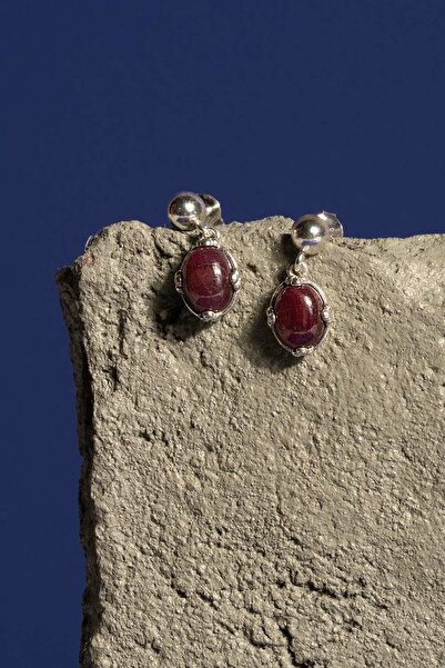 Takıdepo Doğal Yakut Taşlı Minimal Gümüş Kadın Küpe-Gümüş Rengi