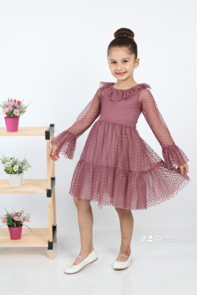 ÇocukYoluKids Puantiyeli Tüllü Bordo Kız Çocuk Elbise A1111141111017