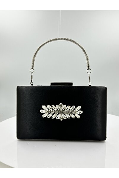 Biçanta Geantă elegantă neagră din material satin cu carcasă argintie și piet...