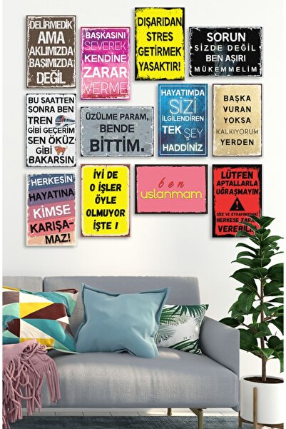 TRENDPOSTER 12’li Eğlenceli Ahşap Çerçeve Görünümlü Duvar Sözleri Mdf Ahşap Tablo