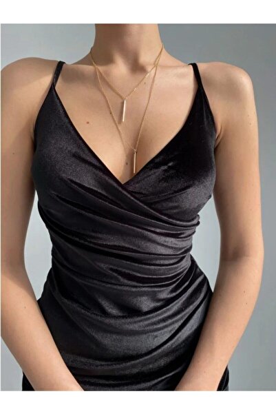 Afiş Butik Siyah Ip Askılı Kruvaze Yaka Kadife Elbise