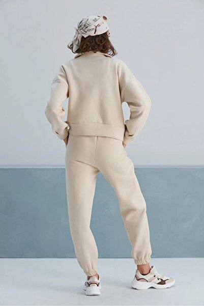 LoFiBuy Kadın Krem Cepli Paçası Lastikli 3 İplik Eşofman Takımı