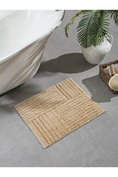 SARAZ HALI Macro Mira Beige - 100% Cotton Extra Soft Long Feather Bath Mat 50X80