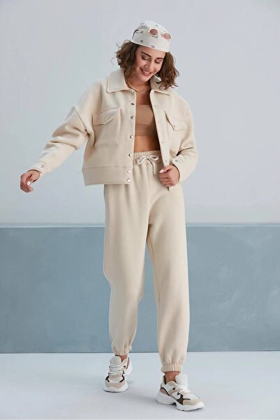LoFiBuy Kadın Krem Cepli Paçası Lastikli 3 İplik Eşofman Takımı