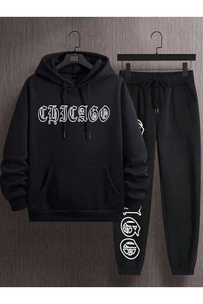 YUVEST BLACKROCK Black CHICAGO Printed Hooded Sweatshirt and Sweatpants Tracksuit Set