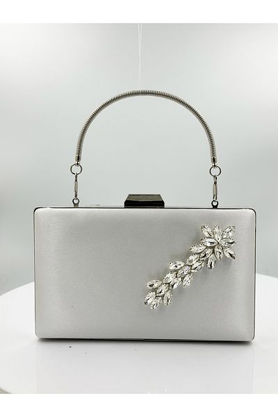 Biçanta Mother of Pearl Εκρού Χρώμα Σατέν Ασημένια Θήκη με Ασημένια Πέτρα Βραδινό Φόρεμα Τσάντα Βραδινή Τσάντα Αρραβωνιαστικό Γάμου