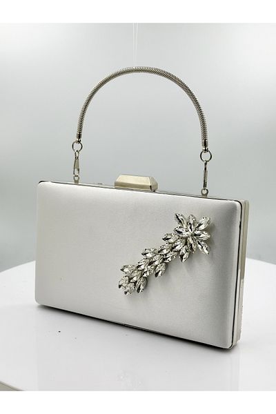 Biçanta Mother of Pearl Εκρού Χρώμα Σατέν Ασημένια Θήκη με Ασημένια Πέτρα Βραδινό Φόρεμα Τσάντα Βραδινή Τσάντα Αρραβωνιαστικό Γάμου