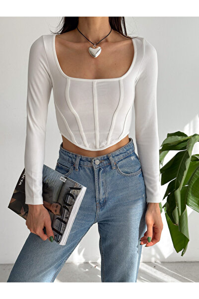 QUTTA Γυναικείος μακρυμάνικος κορσές με τετράγωνο λαιμόκοψη με ριμπ μπλούζα Crop