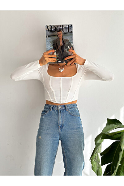 QUTTA Γυναικείος μακρυμάνικος κορσές με τετράγωνο λαιμόκοψη με ριμπ μπλούζα Crop