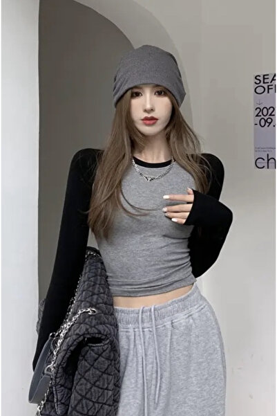 Köstebek Φούτερ Raglan Sleeves Grey Melange Basic μακρυμάνικο Crop φούτερ