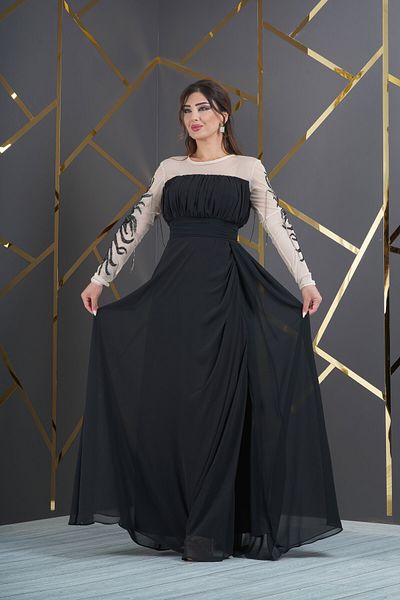 Matik Abiyem Chiffon Design Sleeves Jewelled Pleated Long Dress Evening Dress