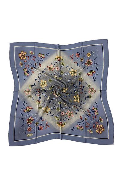 MİRAY EŞARP Miray 100% Pure Silk 90cm X 90cm Flower Pattern Blue Scarf E-43