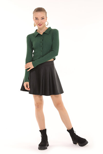 mor butik Bluză tricotată elastică, cu guler polo, cu butoane, verde smarald, cu detaliu pentru corp, day01001