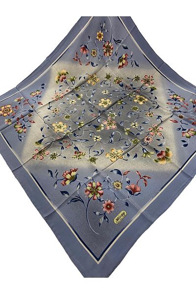 MİRAY EŞARP Miray 100% Pure Silk 90cm X 90cm Flower Pattern Blue Scarf E-43