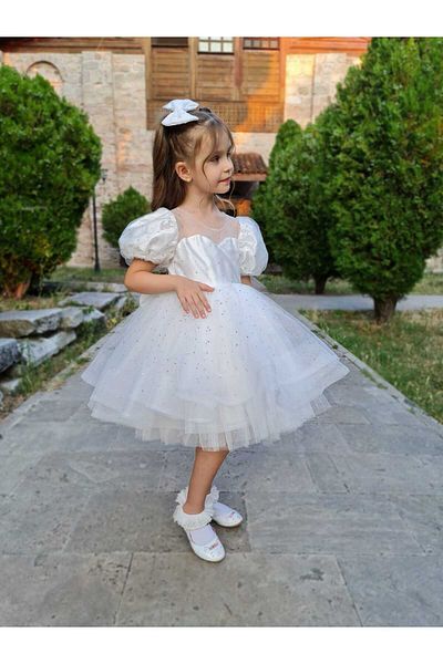 Sare Çocuk Giyim Βραδινό φόρεμα Princess Fluffy Girl Παιδικό Λευκό Νυφικό
