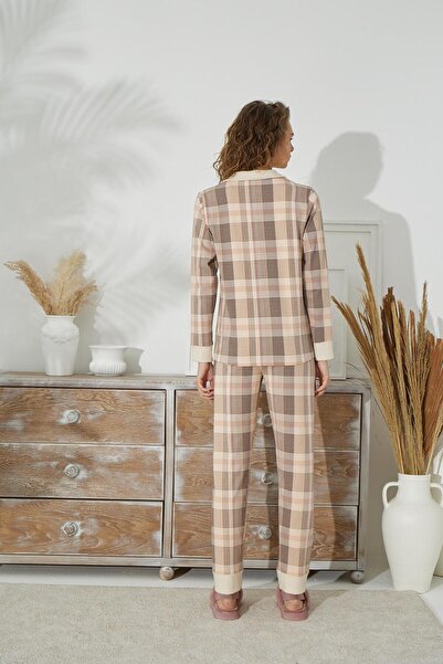 Sevim Μακρυμάνικο πουκάμισο με γιακά μπροστινό κουμπί καρό σετ πιτζάμες σολομού C1T49NO14