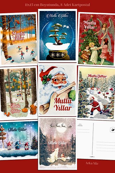 Özer Store 8 Pieces New Year New Year Santa Claus Winter Themed Postcard Set Message Card