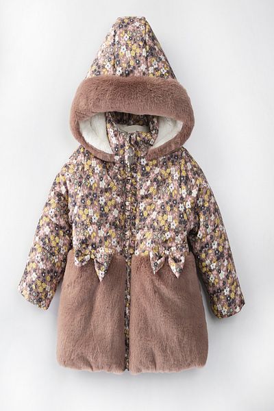 PODİUM GİYİM Special Cute Design Floral Bow Detailed Rabbit Ears Gilded Fur Lined Winter Coat