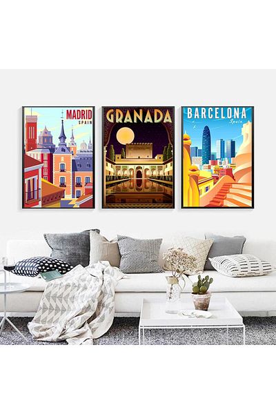 Linacci Set of Three Black Framed Spain Cities Madrid Granada Barcelona Glass Painting