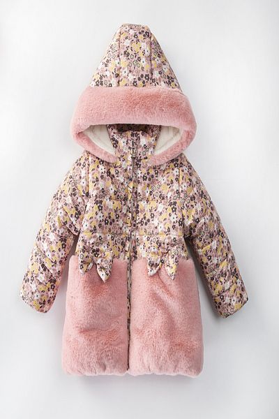 PODİUM GİYİM Special Cute Design Floral Bow Detailed Rabbit Ears Gilded Fur Lined Winter Coat