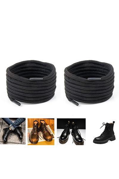 AiryFooT 150 cm Black Round Boot Laces, Durable Sturdy Laces, Shoelaces