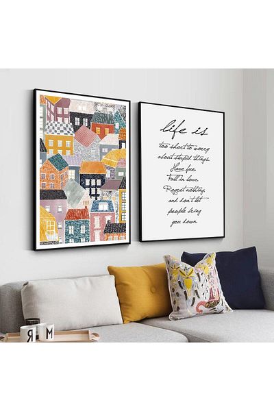 Linacci Set de 2 cadru metalic negru, clădire colorată, motto, arhitectură, set de pictură din sticlă