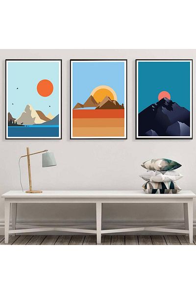 Linacci Set of 3 Black Framed Abstract Nature Sun Metal Glass Painting