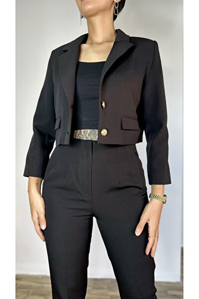 hatmeofficial KADIN KRUVAZE YAKA-CROP BLAZER CEKET SİYAH-ASTARLI