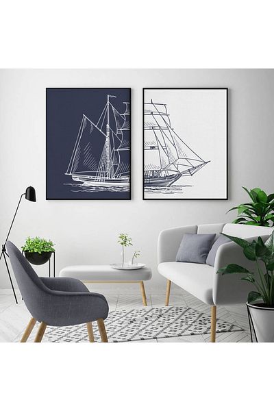 Linacci Set de 2 tablouri din sticlă pentru navă marină cu cadru metalic negru bleumarin