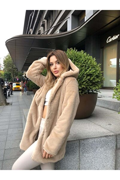 TheBamm Store Peluş Kapşonlu Yumoş Kürk Kaban Mont
