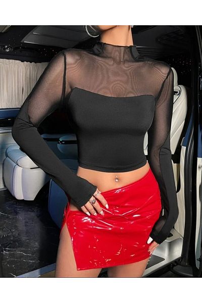 f-maskfashion Corp din plasă neagră cu gât