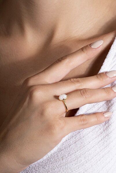 Takıdepo Doğal Ay Taşı Taşlı Minimal Gümüş Ayarlanabilir Kadın Yüzük-altın Rengi