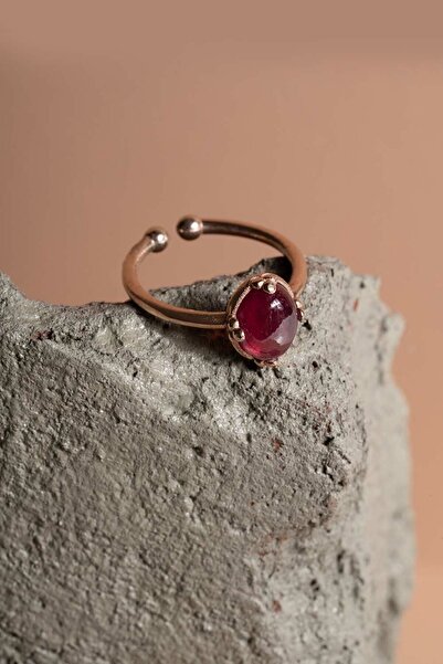 Takıdepo Doğal Yakut Taşlı Minimal Gümüş Ayarlanabilir Kadın Yüzük-rose Rengi