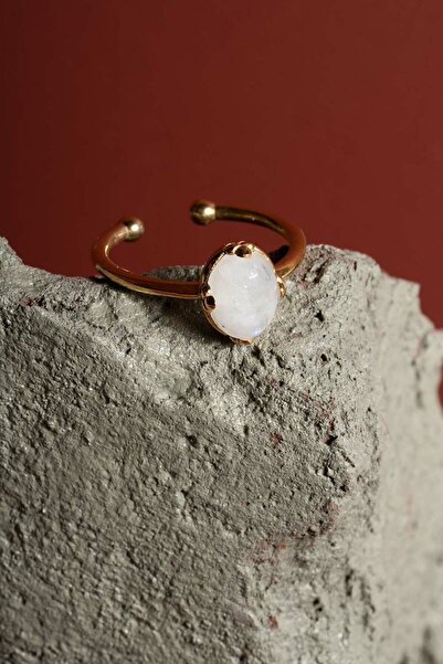 Takıdepo Doğal Ay Taşı Taşlı Minimal Gümüş Ayarlanabilir Kadın Yüzük-altın Rengi