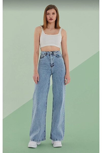 MAKRAS EXCLUSIVE Pantaloni Palazzo Jany Lycra Blue Snow Wash, cu talie înaltă, pantaloni lați din denim